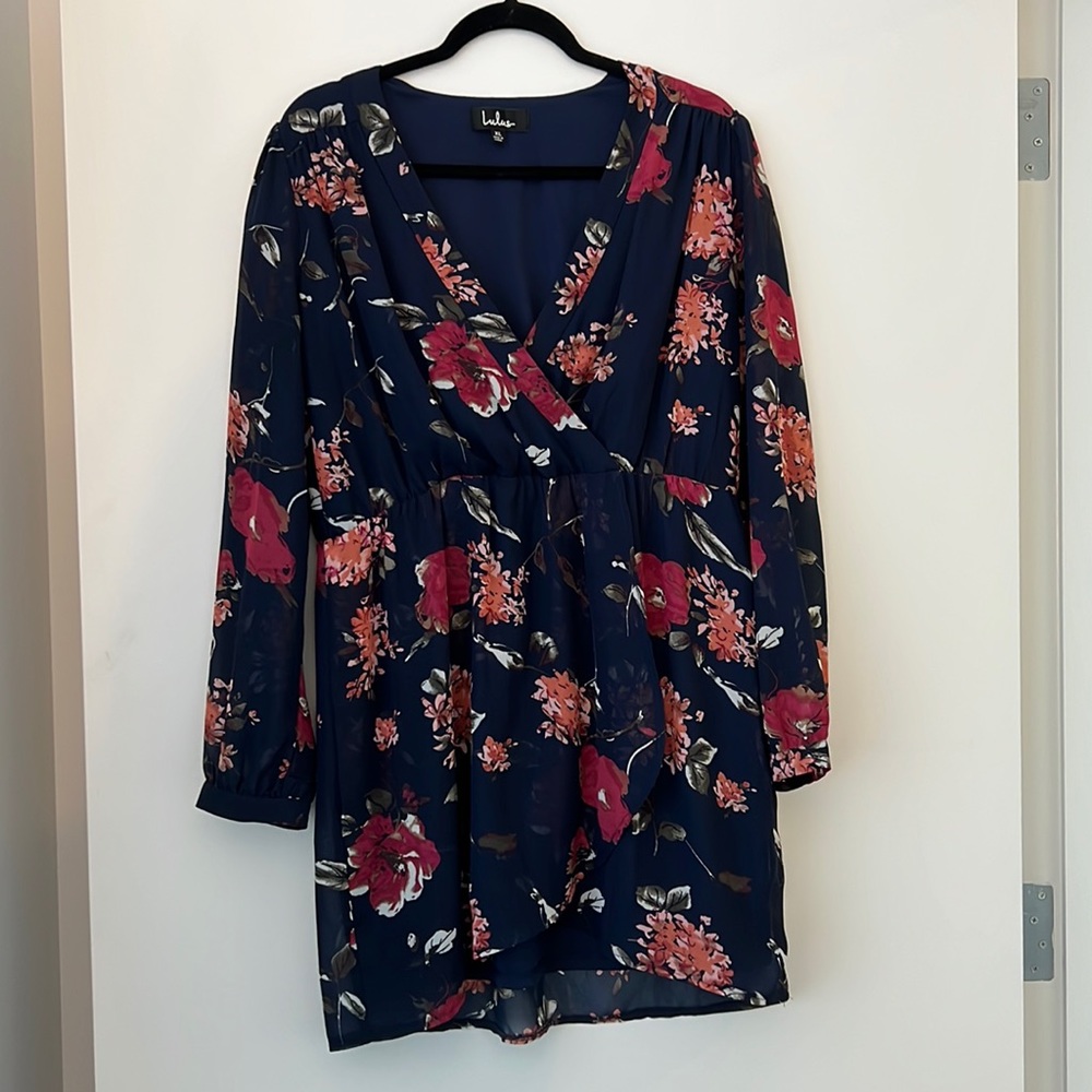Navy Floral Print Long Sleeve Babydoll Dress